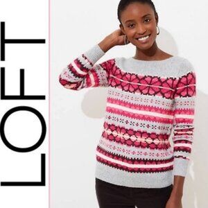 LOFT Valentine Heart Fair Isle Stripe Sweater Size M Pink Gray Wool Blend